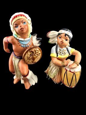 Vintage Wales Japan Native American Boy & Girl Ceramic Figurines Hand Painted